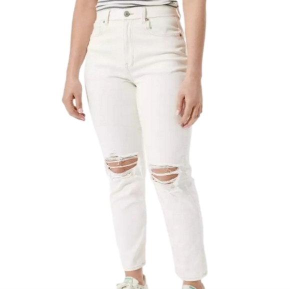 American Eagle Mom Jean Stretch Curvy Off White Wash High Rise Ripped Knee - Picture 1 of 16